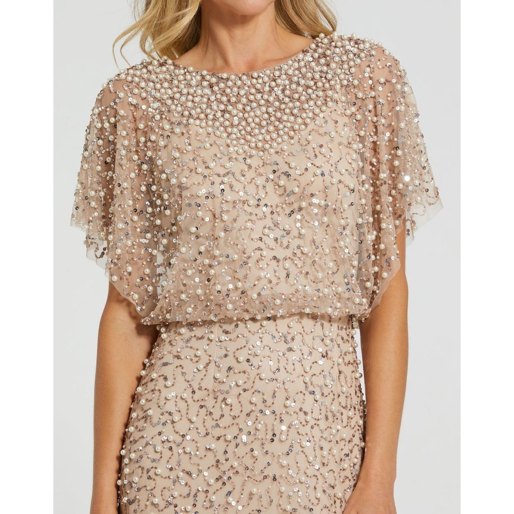 Mac Duggal Beaded Pearl Capelet Gown Taupe Sequin Formal Dress 10 NWOT